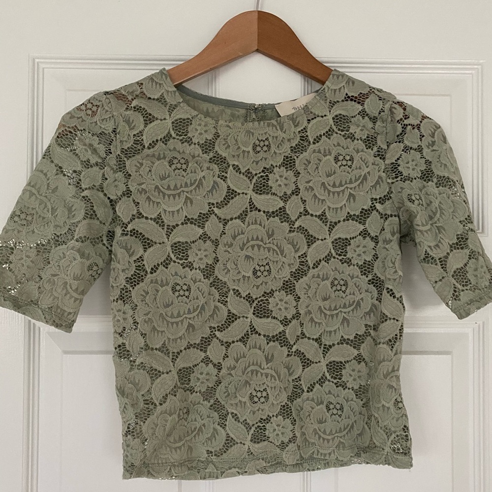 BHLDN Sage Green Lace Short Sleeve Blouse